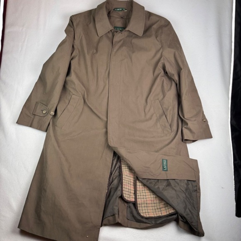 Lauren Ralph Lauren Mens Brown Trench Coat Plaid Zip Out Liner 44R Longline